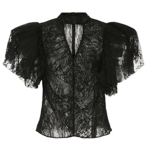 Osman Yousefzada Black Lace Top Ruffle Sleeve Blouse Size 6 - Picture 5 of 9